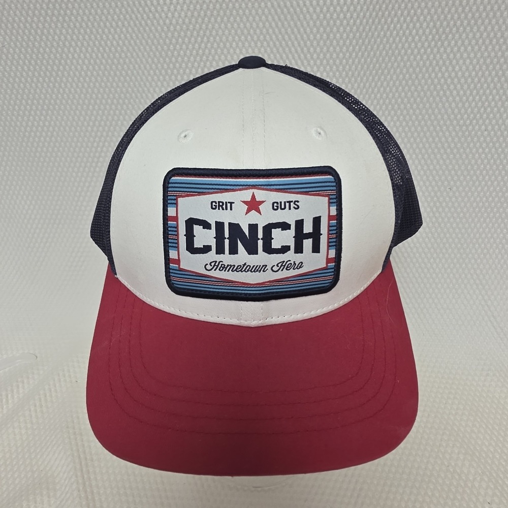 Cinch Mesh Snapback Hat Red White Blue, Grit Guts, Hometown Hero